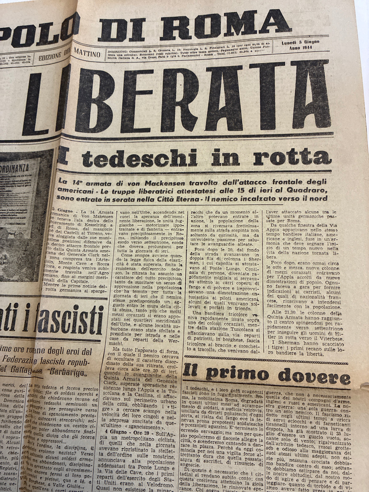 Quotidiano Originale Epoca Il Popolo di Roma 5 Giugno 1944 Roma Liberata Seconda Guerra Mondiale