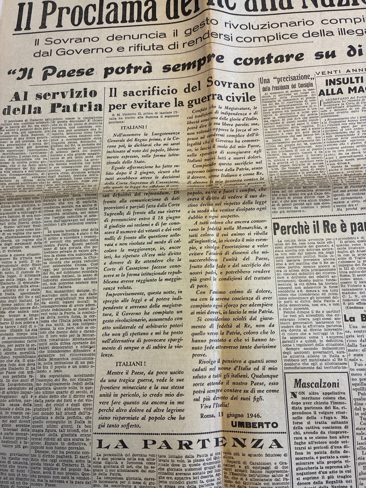 GIORNALE ORIGINALE 14 Giugno 1946 Italia Nuova - ULTIMO PROCLAMA RE UMBERTO II ESILIO Eccellente Stato