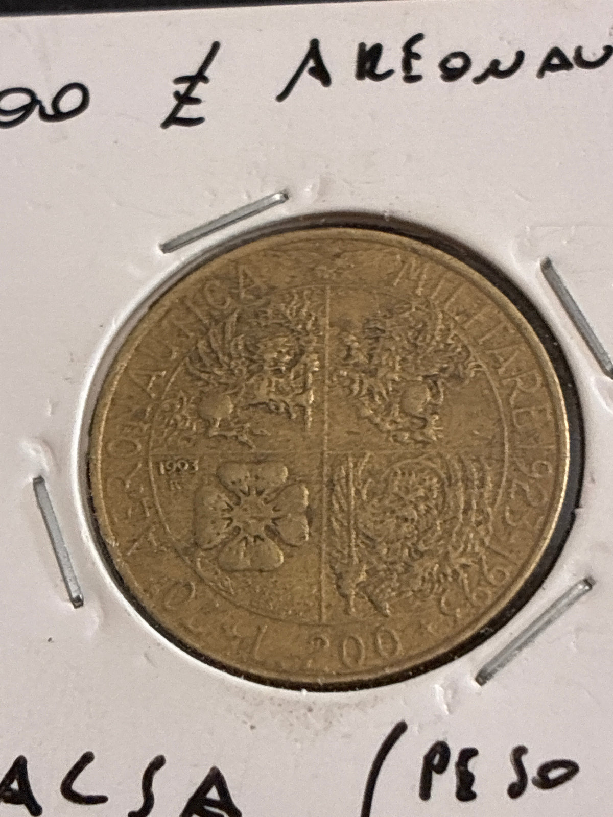 200 lire del 1993 Aeronautica Militare falso d'epoca con peso a 4,96 grammi