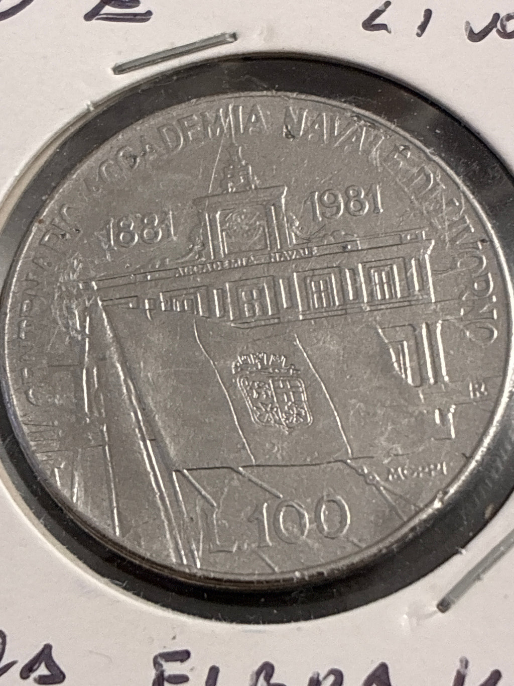 100 lire del 1981 Accademia di Livorno errore di conio senza firma incisore e rombi al dritto