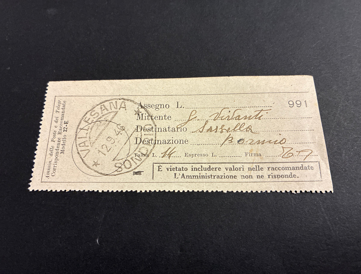 Ricevuta storica del 1948 di una corrispondenza raccomandata Modello 22-E spedita dall'ufficio postale di Vallesana (Sondrio) a Bormio.