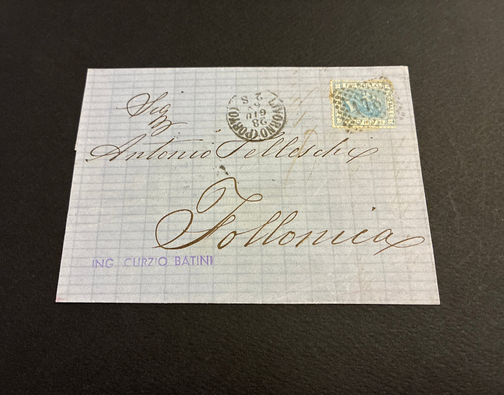 Collezione Curzio Batini Regno D'Italia Vittorio Emanuele II Francobollo 20 Centesimi Azzurro Timbro Livorno Porto Arrivo Follonica Per Telleschi Da Collezione