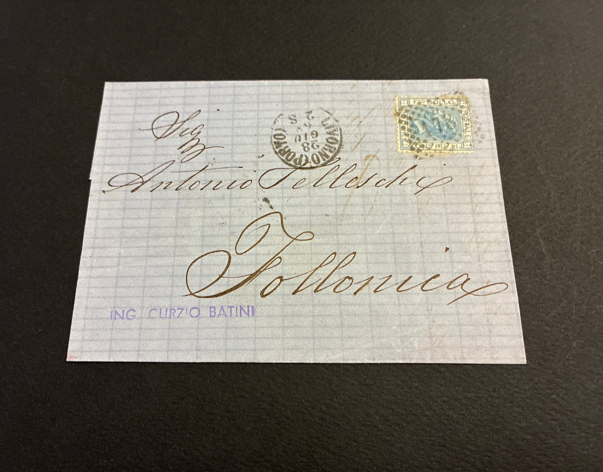Collezione Curzio Batini Regno D'Italia Vittorio Emanuele II Francobollo 20 Centesimi Azzurro Timbro Livorno Porto Arrivo Follonica Per Telleschi Da Collezione