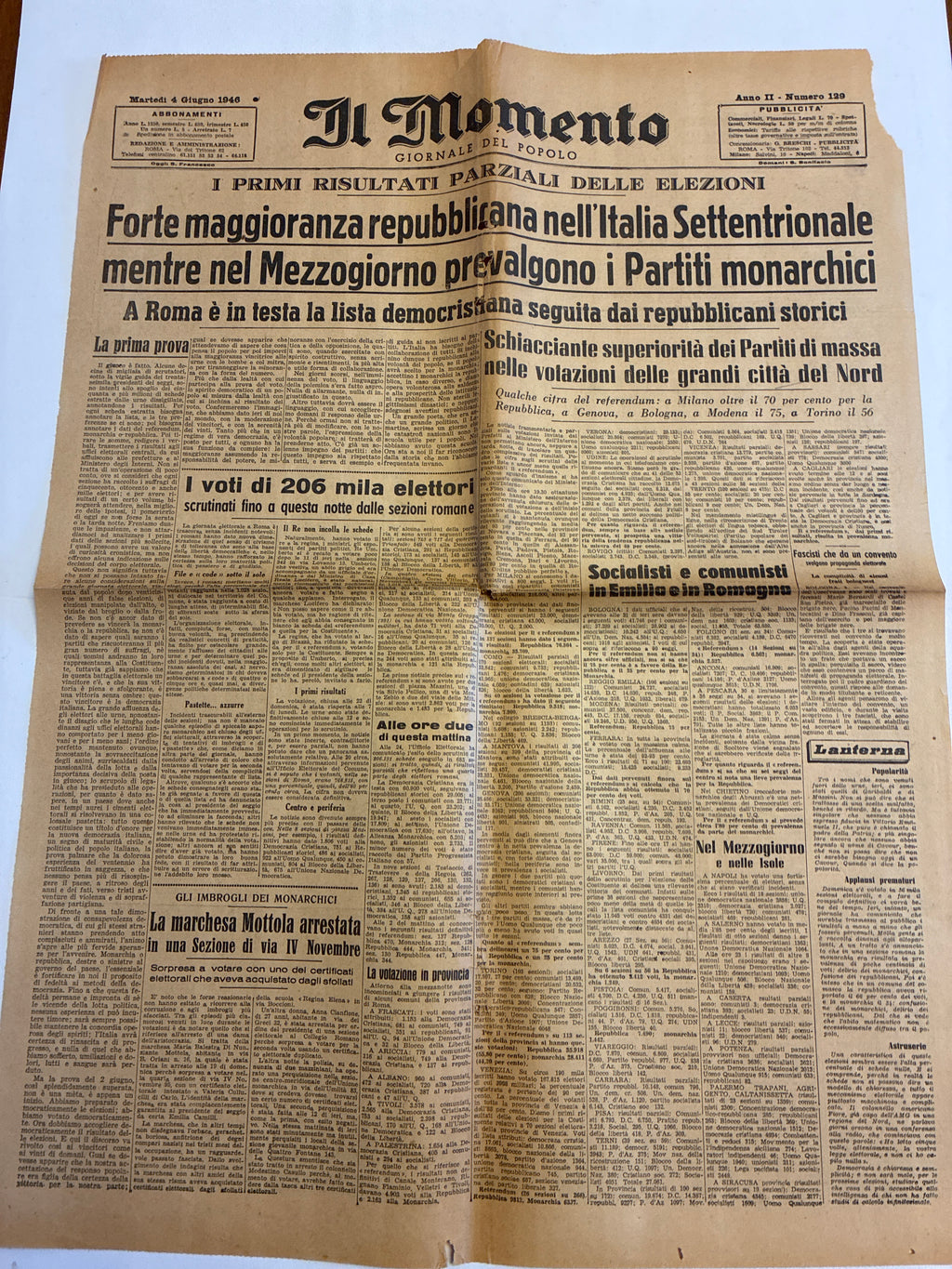 GIORNALE ORIGINALE 4 Giugno 1946 Il Momento - REFERENDUM REPUBBLICA MONARCHIA Rarità