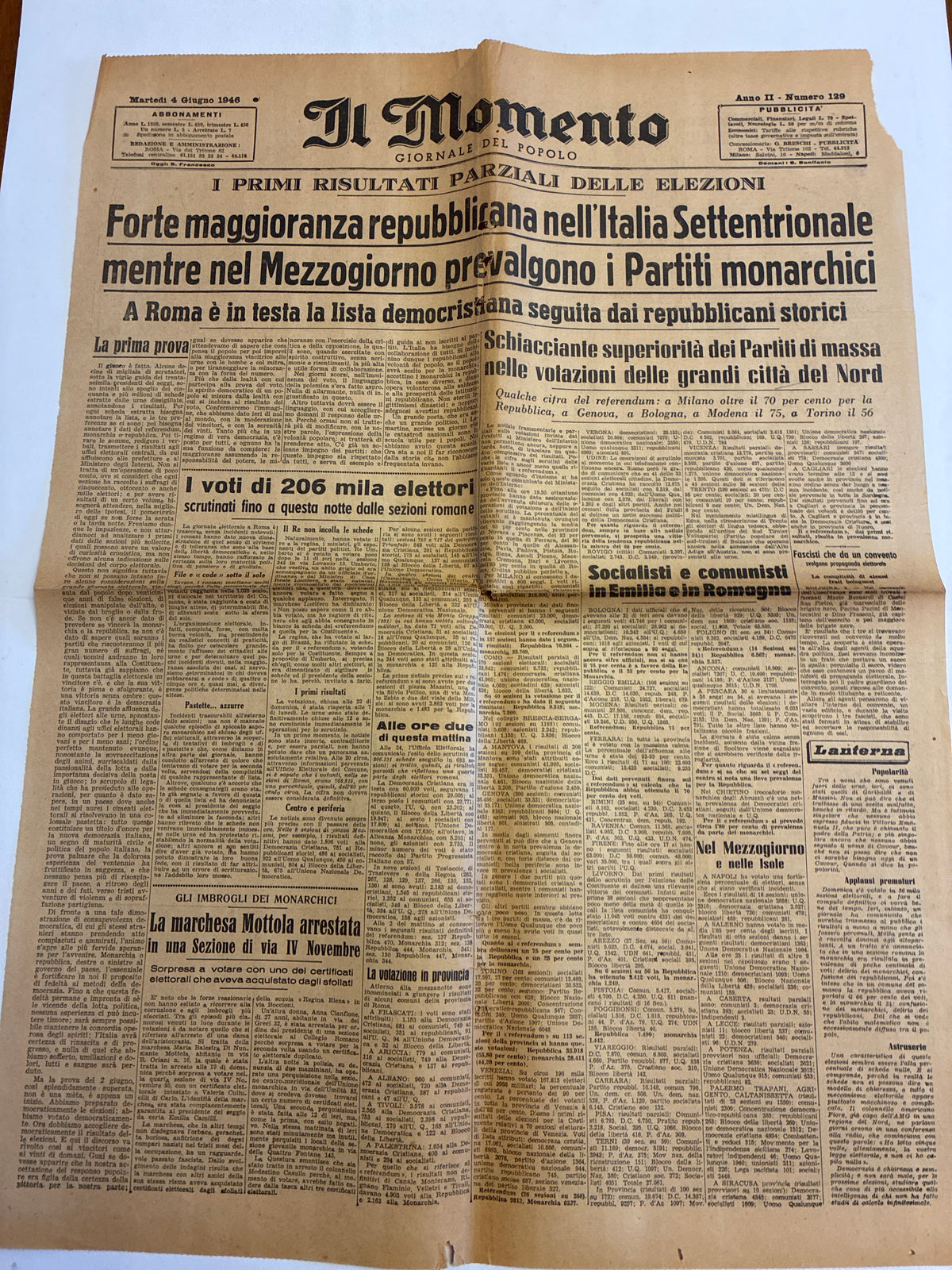GIORNALE ORIGINALE 4 Giugno 1946 Il Momento - REFERENDUM REPUBBLICA MONARCHIA Rarità