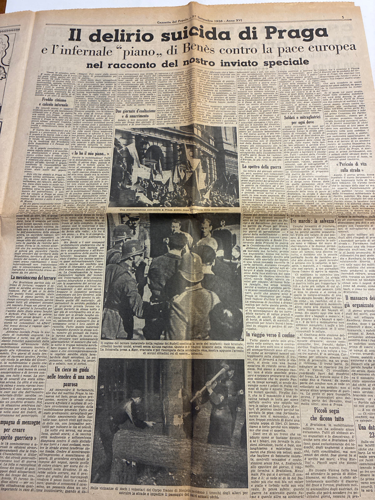 Quotidiano Storico Gazzetta del Popolo 27 Settembre 1938 Fascismo Mussolini Crisi Monaco