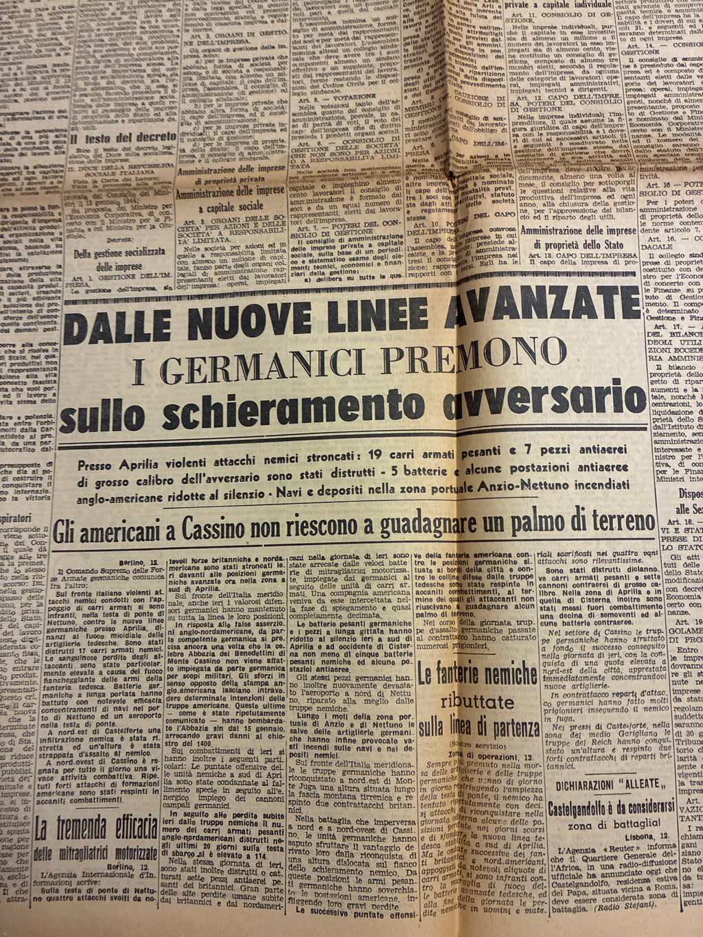Quotidiano ORIGINALE 13 Febbraio 1944 Il Messaggero Socializzazione RSI Cassino COMPLETO
