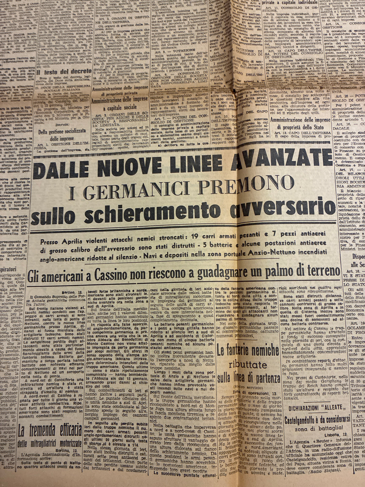 Quotidiano ORIGINALE 13 Febbraio 1944 Il Messaggero Socializzazione RSI Cassino COMPLETO