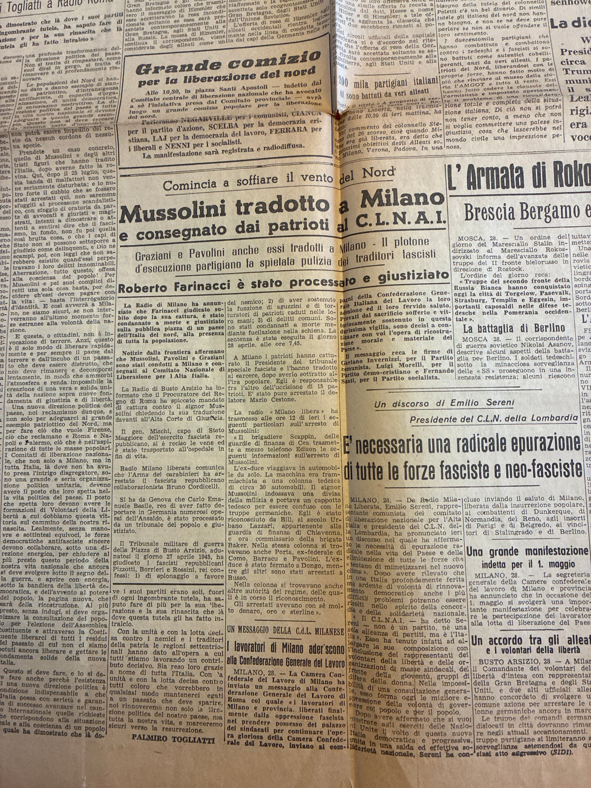 Raro Quotidiano Originale l'Unità 29 Aprile 1945 - Prima Edizione Mattino Roma - Trattative di Resa e Arresto Mussolini