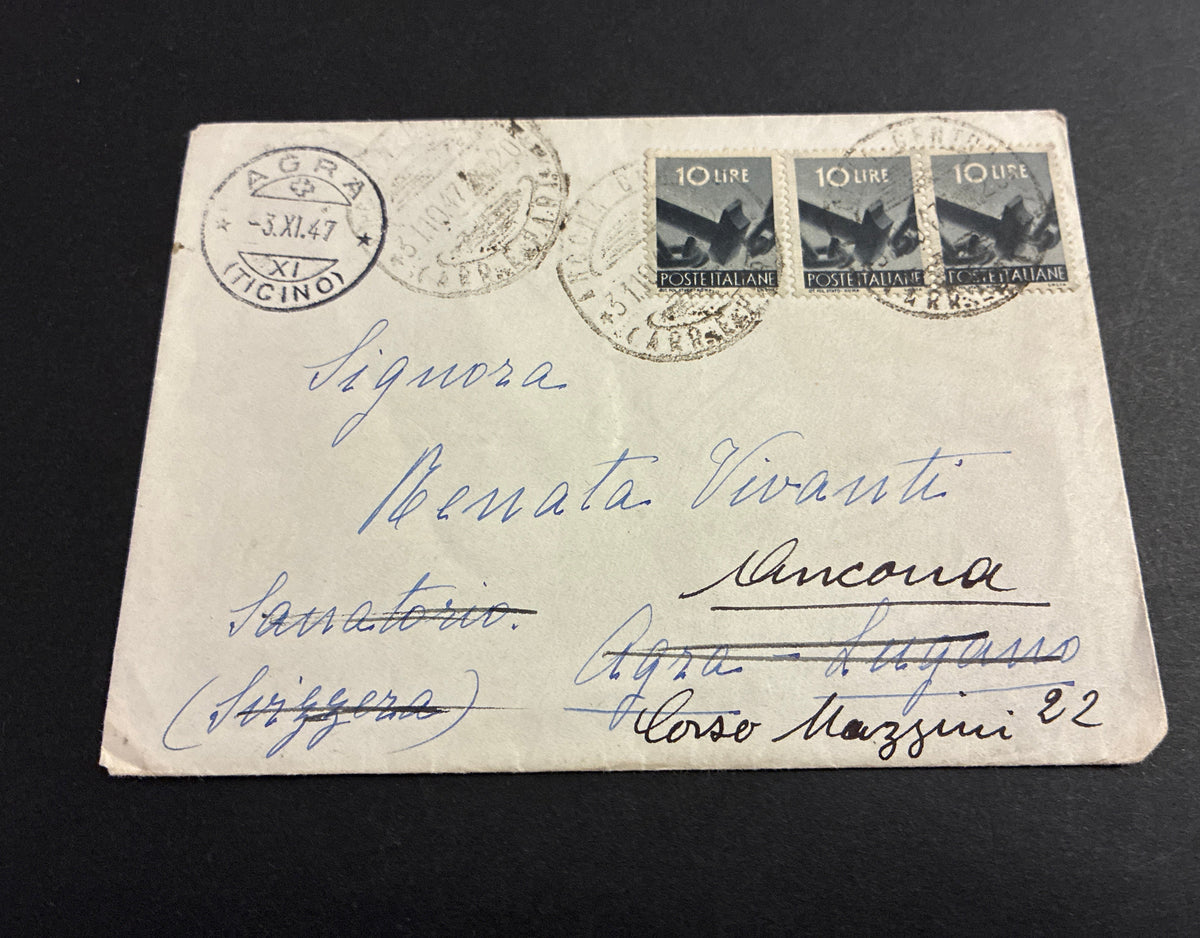 Busta 1947 da Agra Varese a Ancona Reindirizzata in Corso Mazzini Striscia di 3 Francobolli da 10 Lire Serie Democratica Storia Postale