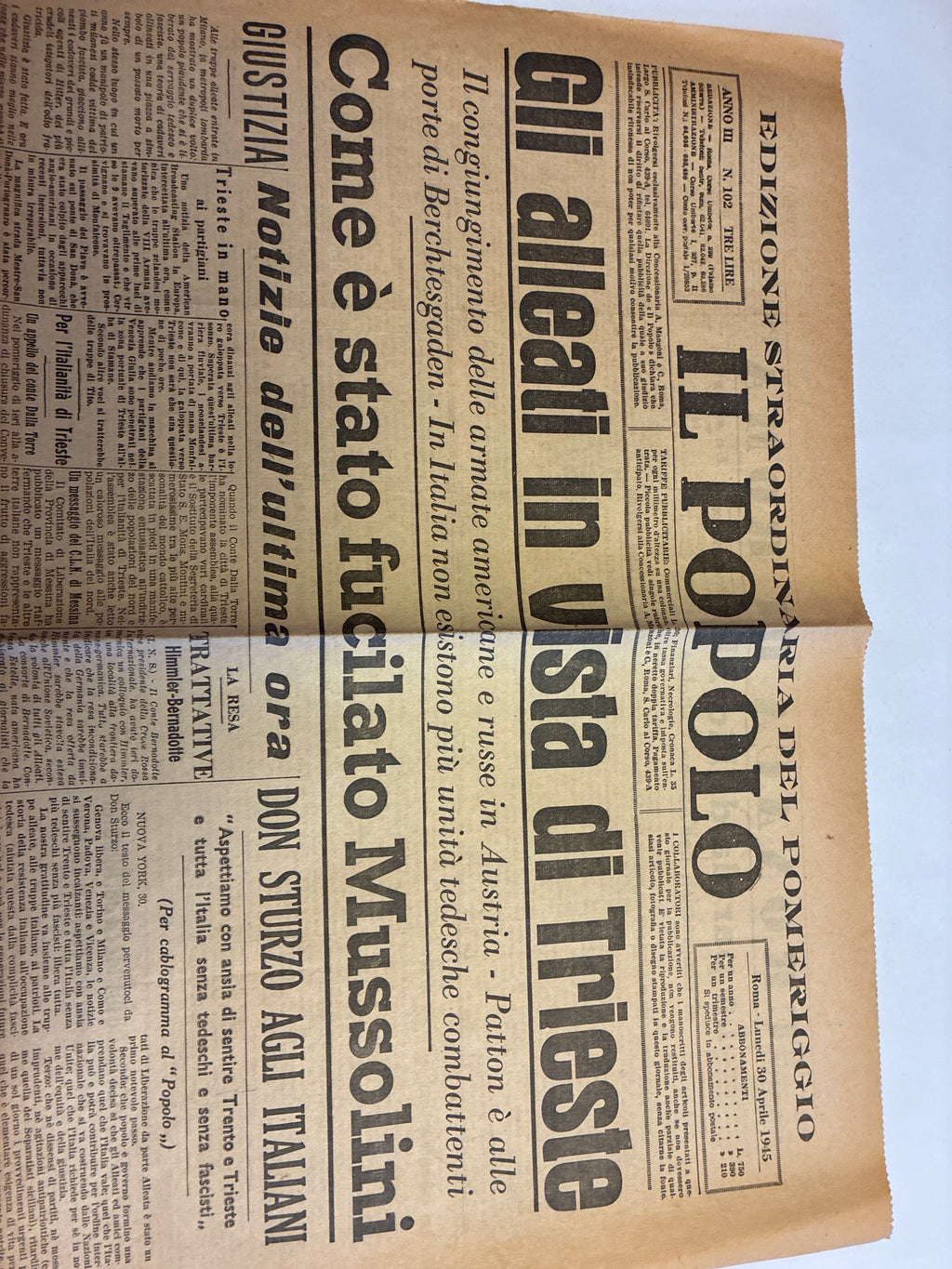 Edizione Straordinaria del Pomeriggio IL POPOLO 30 Aprile 1945 - Raro Quotidiano Originale "Come è stato fucilato Mussolini"