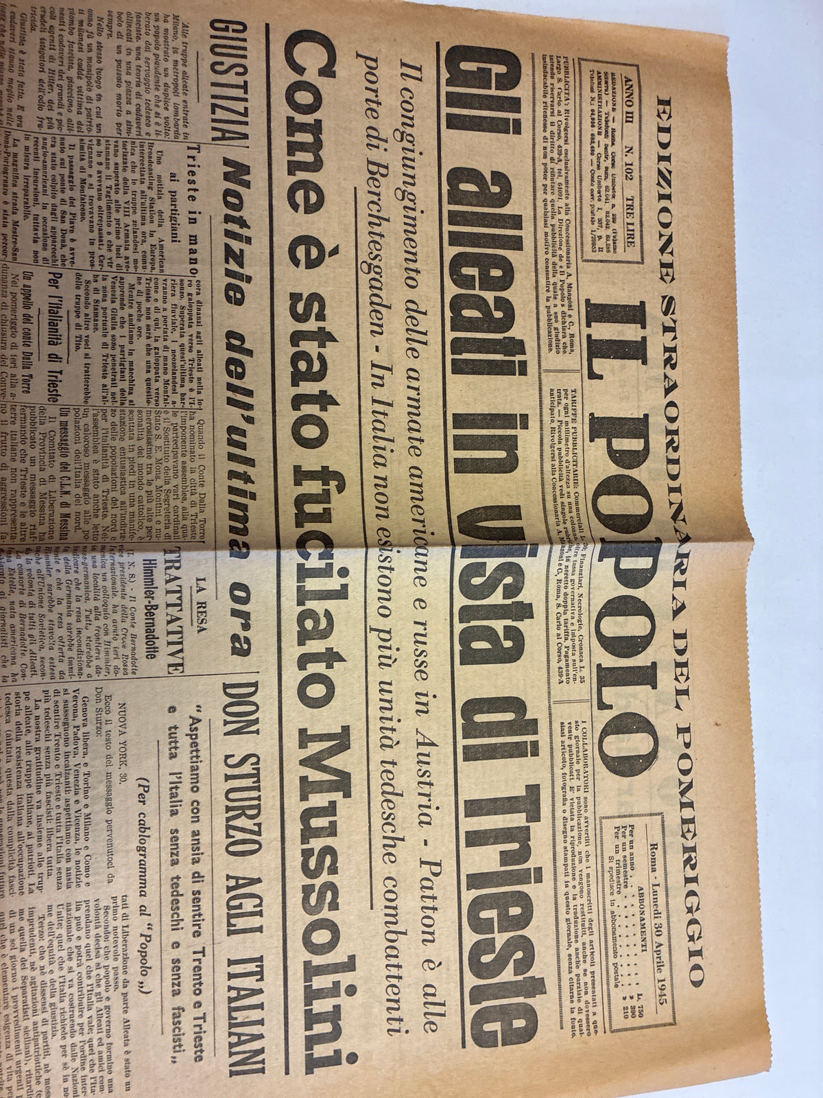 Edizione Straordinaria del Pomeriggio IL POPOLO 30 Aprile 1945 - Raro Quotidiano Originale "Come è stato fucilato Mussolini"