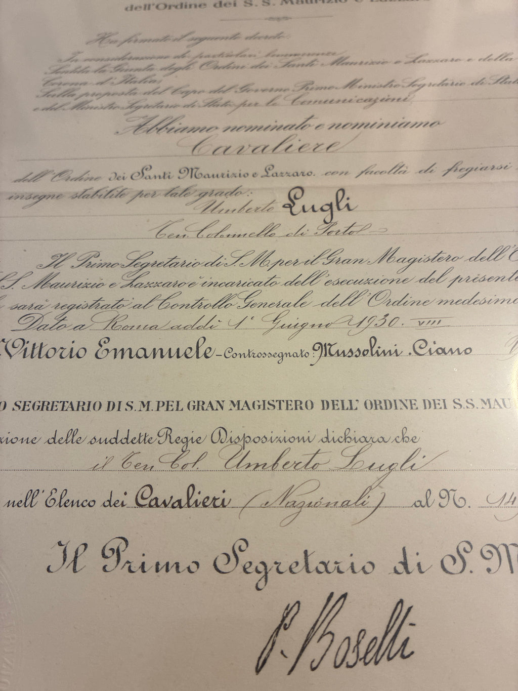 Raro Decreto 1930 Cavaliere Santi Maurizio e Lazzaro - Timbro a Secco e Firma Autografa Boselli - Incorniciato Umberto Luglio