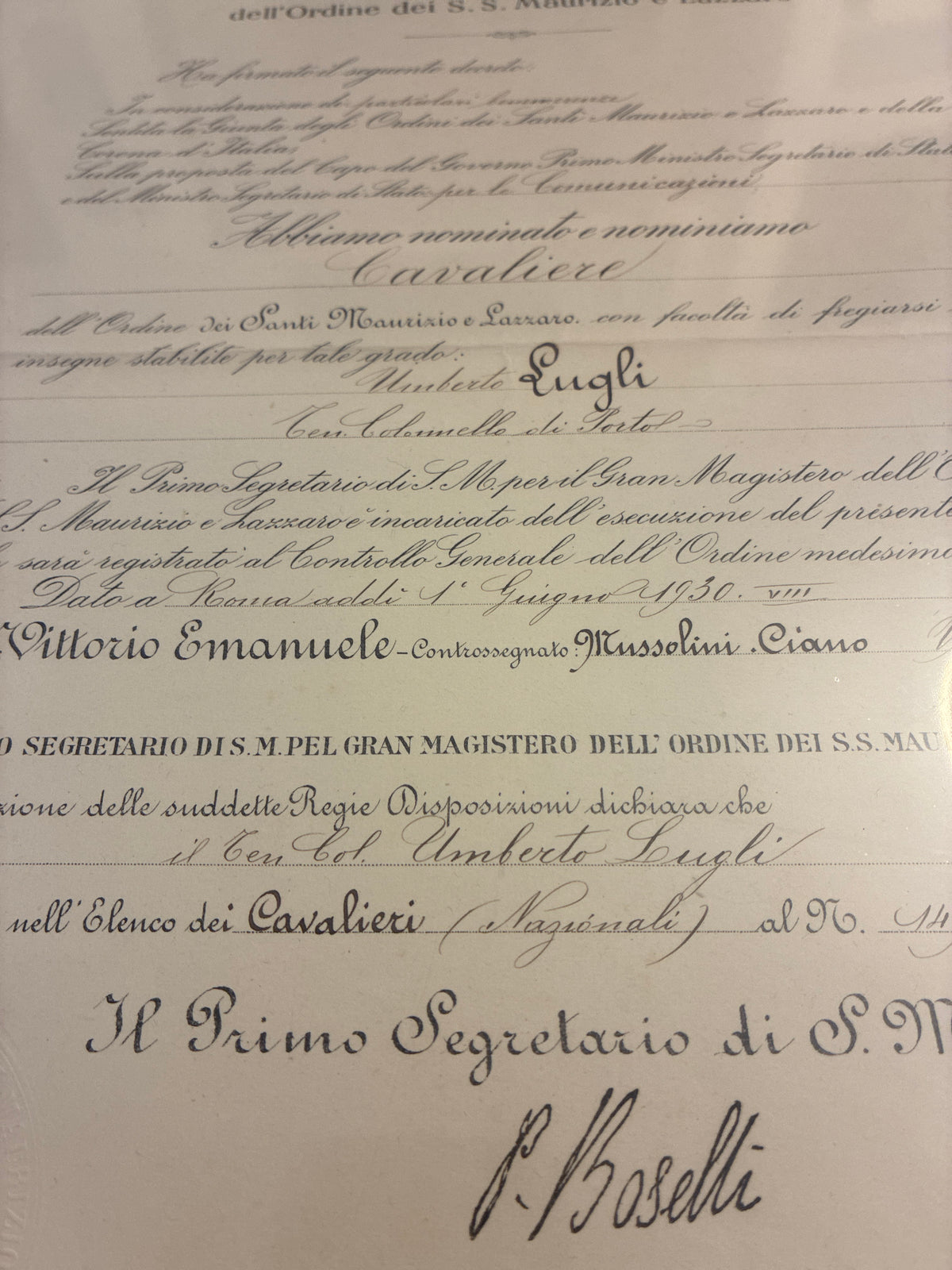 Raro Decreto 1930 Cavaliere Santi Maurizio e Lazzaro - Timbro a Secco e Firma Autografa Boselli - Incorniciato Umberto Luglio