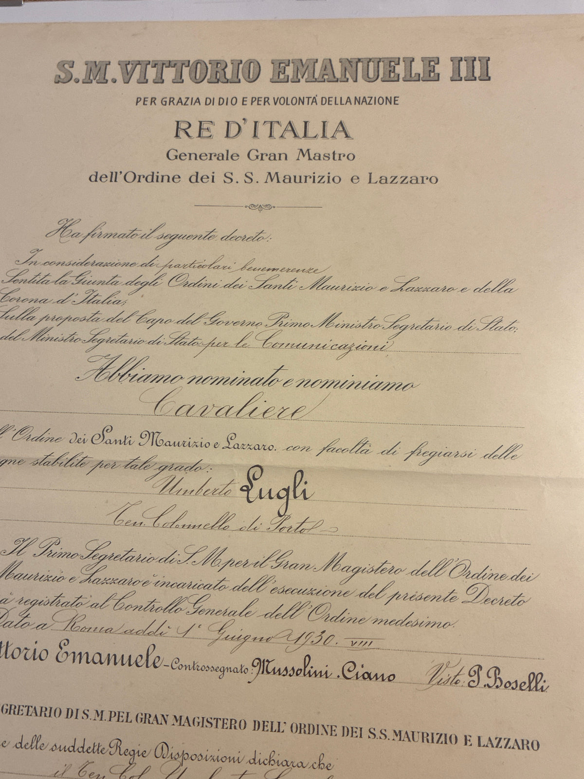 Raro Decreto 1930 Cavaliere Santi Maurizio e Lazzaro - Timbro a Secco e Firma Autografa Boselli - Incorniciato Umberto Luglio