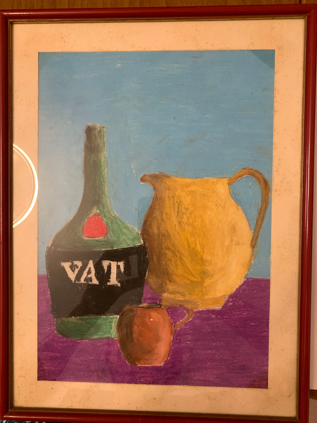 Natura morta con bottiglia VAT e brocche (dipinto vintage)