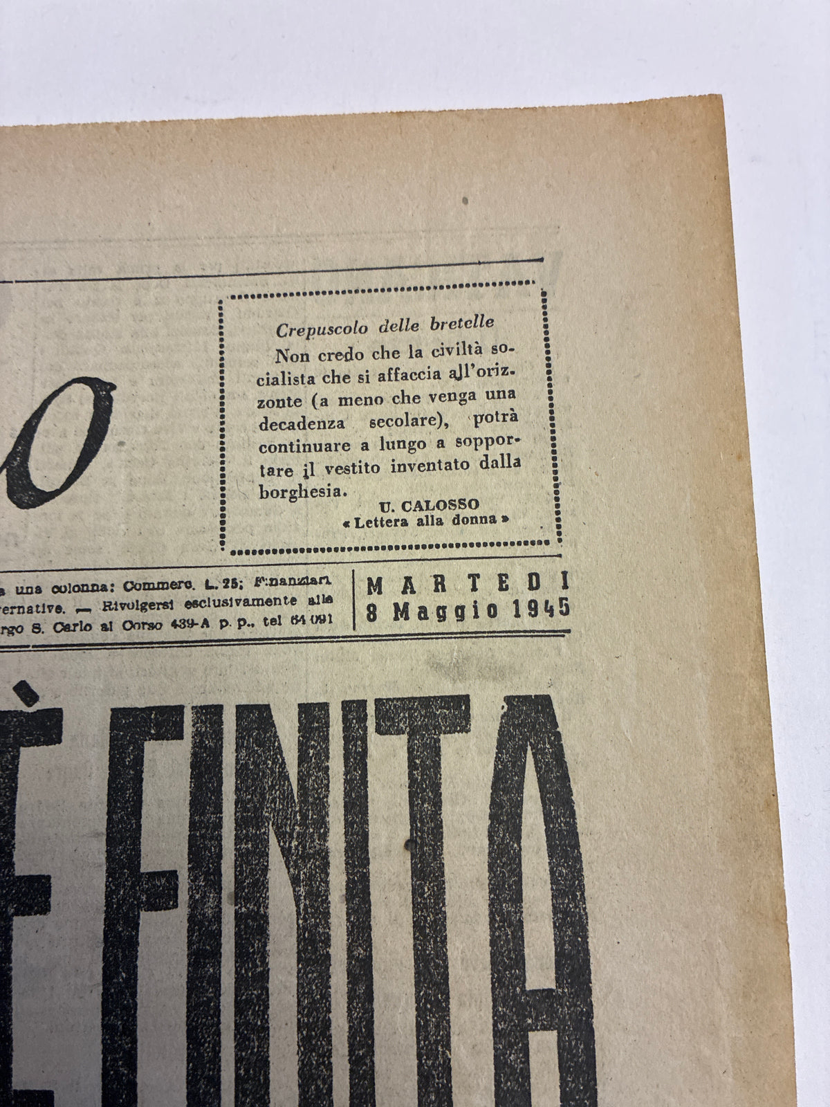 GIORNALE ORIGINALE EDIZIONE STRAORDINARIA 8 Maggio 1945 Il Quotidiano - LA GUERRA IN EUROPA E' FINITA