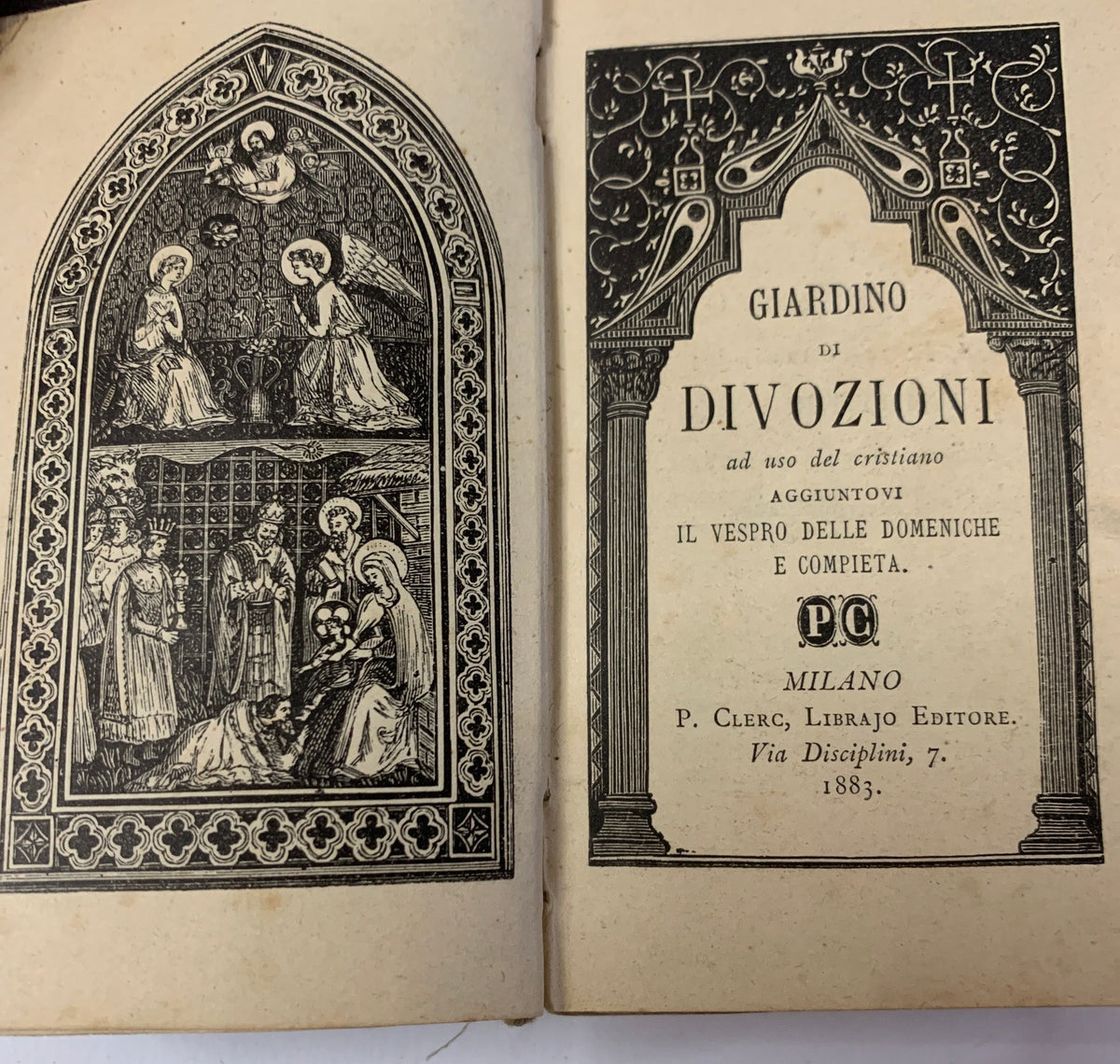 Libro Antico Giardino di Divozioni P. Clerc Milano 1883 Devoto Preghiere