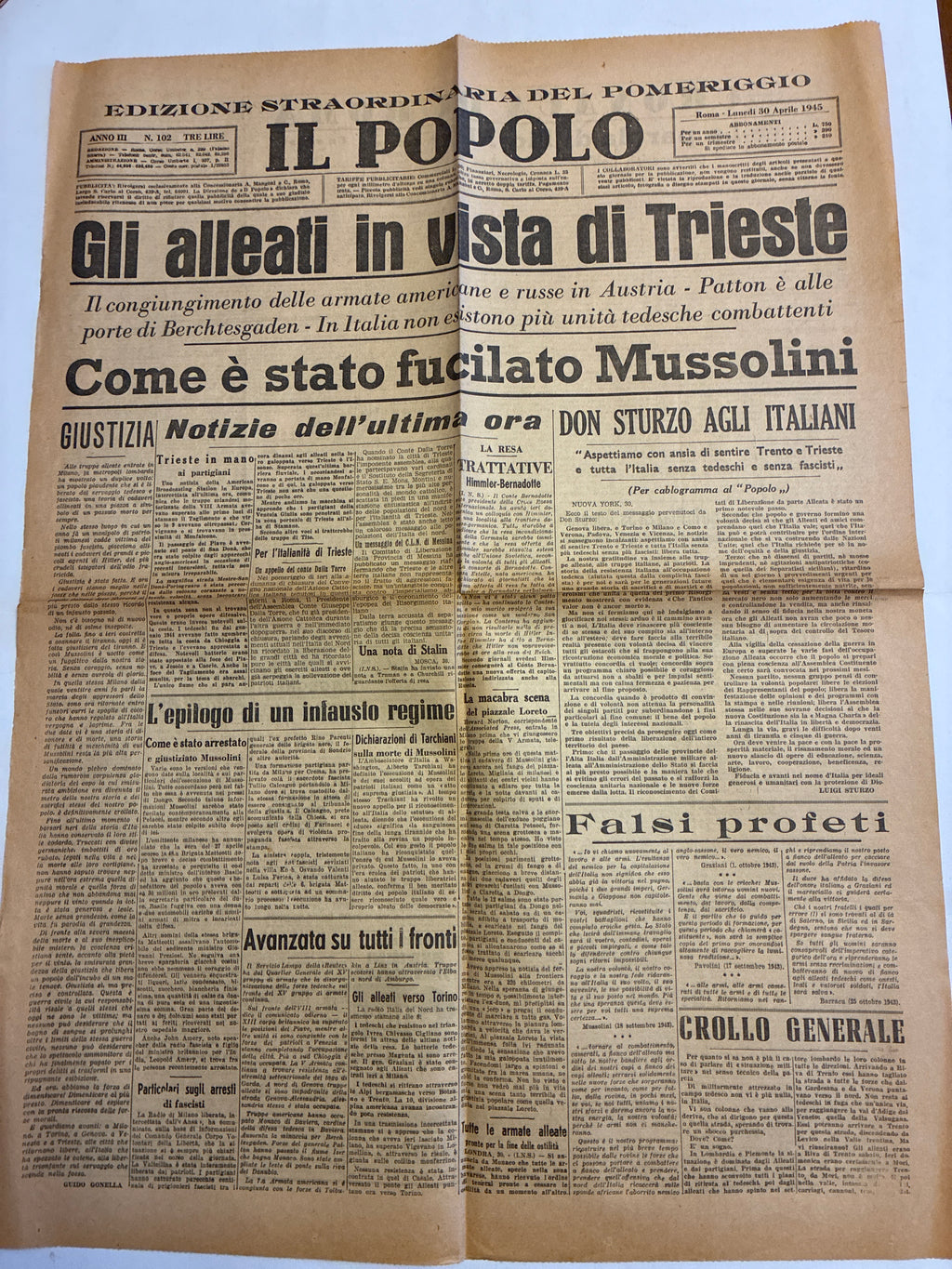 Edizione Straordinaria del Pomeriggio IL POPOLO 30 Aprile 1945 - Raro Quotidiano Originale "Come è stato fucilato Mussolini"