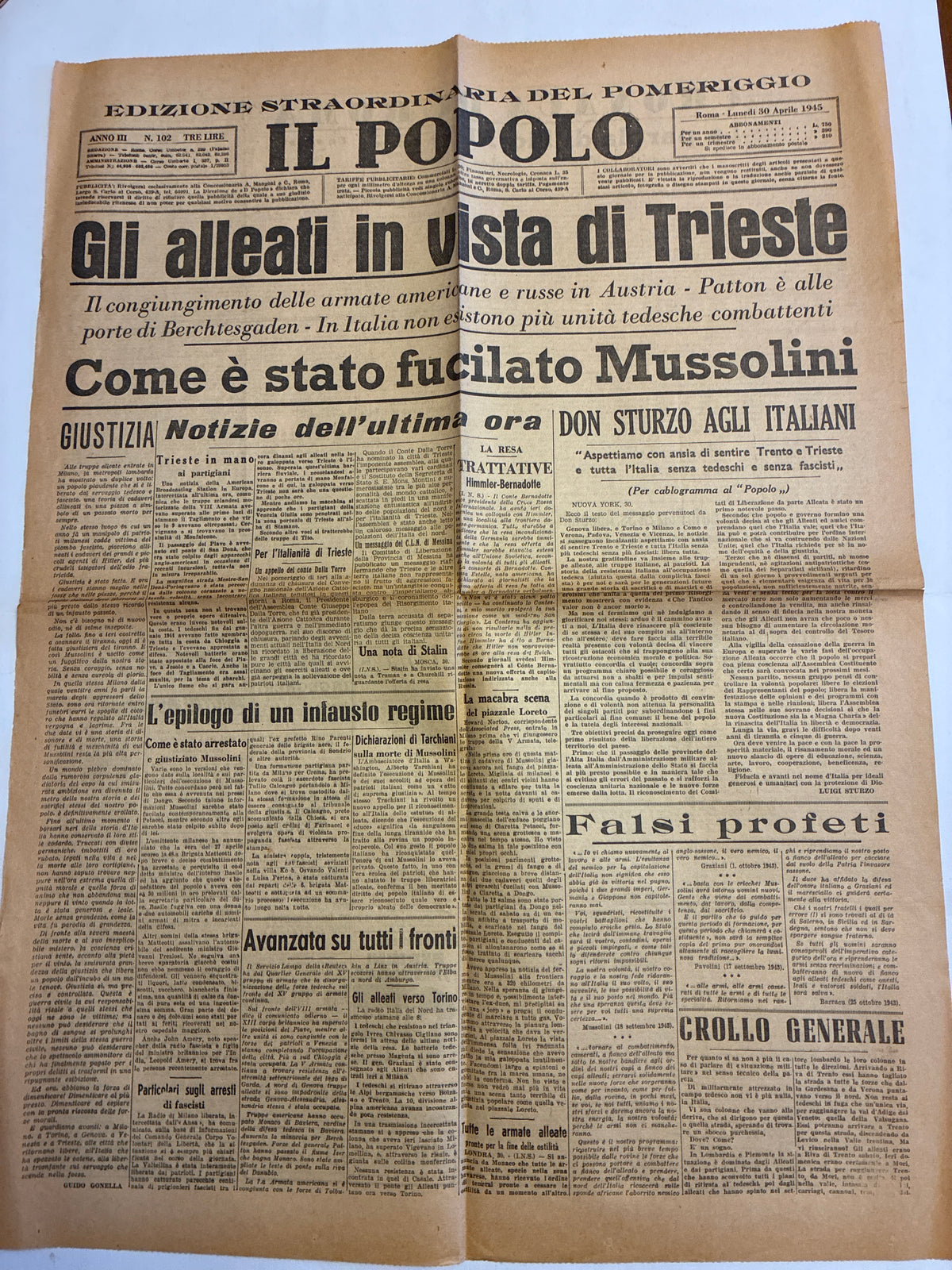 Edizione Straordinaria del Pomeriggio IL POPOLO 30 Aprile 1945 - Raro Quotidiano Originale "Come è stato fucilato Mussolini"