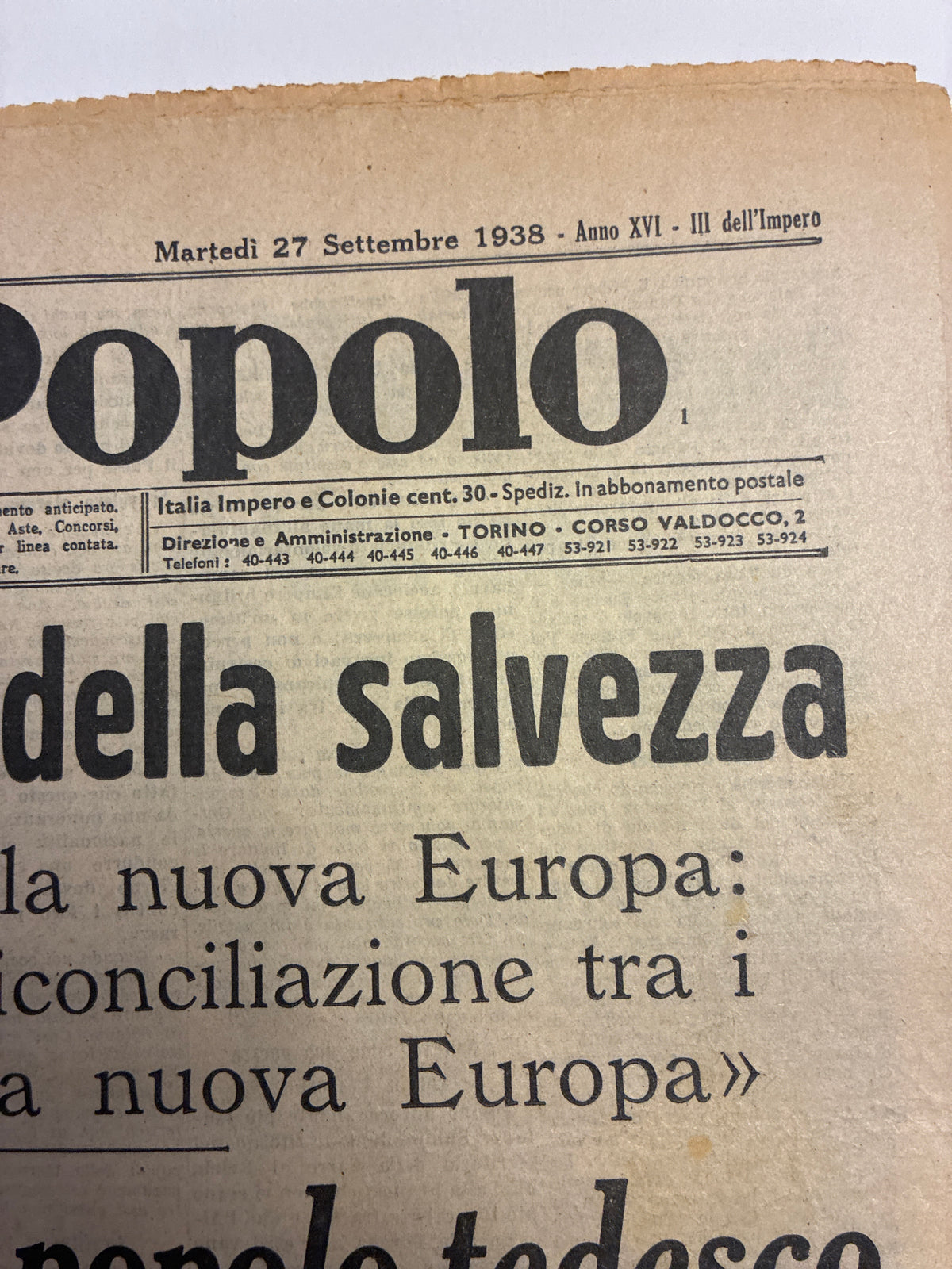 Quotidiano Storico Gazzetta del Popolo 27 Settembre 1938 Fascismo Mussolini Crisi Monaco