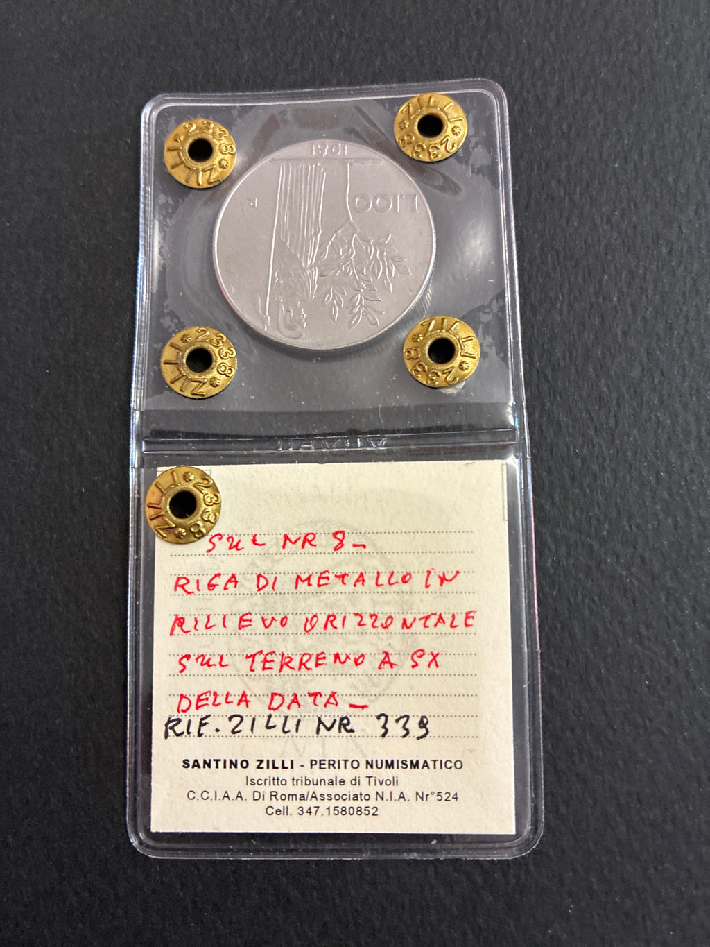 Moneta periziata da 100 Lire 1981 Minerva - Variante con errori di conio "Riga di metallo in rilievo verticale e orizzontale" - Grado SPL / NC