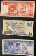 Lotto 3 Banconote Vintage Singapore – 1 e 10 Dollari (Serie Uccelli e Navi)