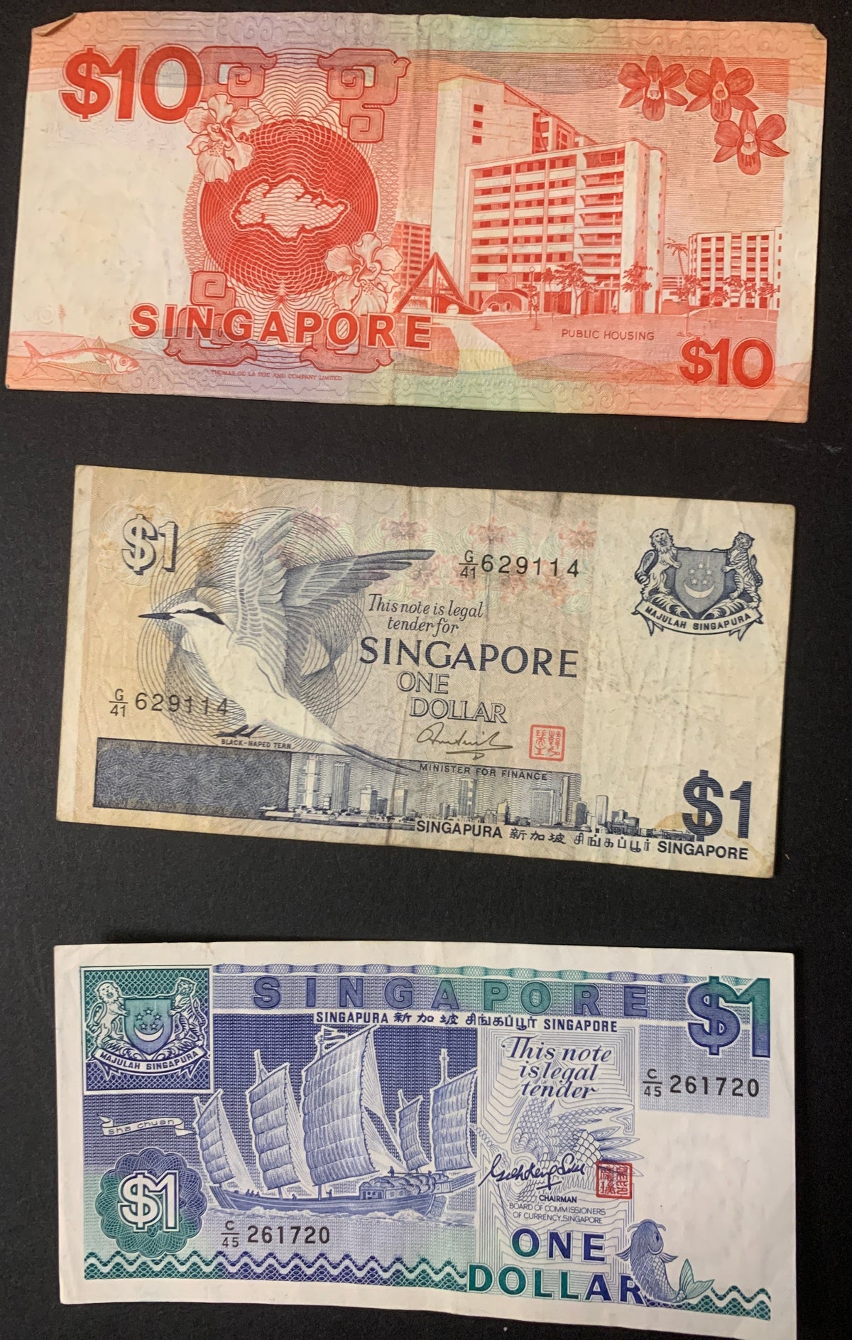 Lotto 3 Banconote Vintage Singapore – 1 e 10 Dollari (Serie Uccelli e Navi)