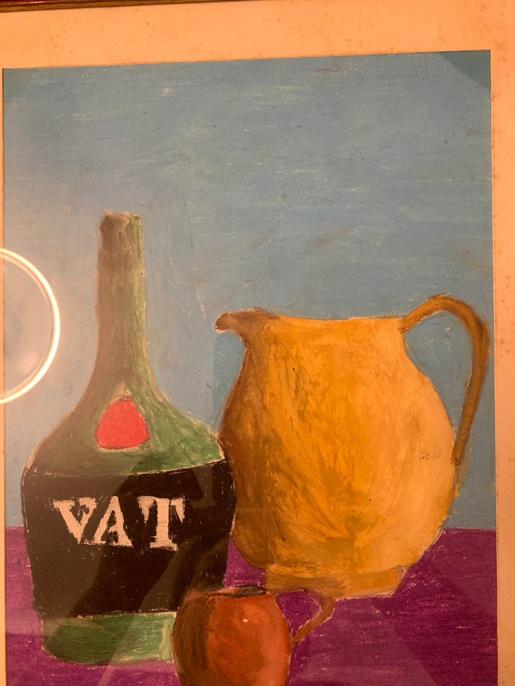 Natura morta con bottiglia VAT e brocche (dipinto vintage)