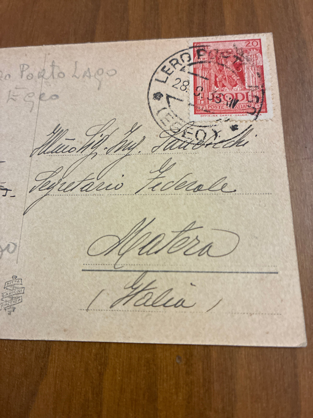 Isole Italiane Egeo 1936 Cartolina da Lero Porto Lago a Matera Affrancata Rodi 20 Centesimi Era Fascista Anno XIV Segretario Federale