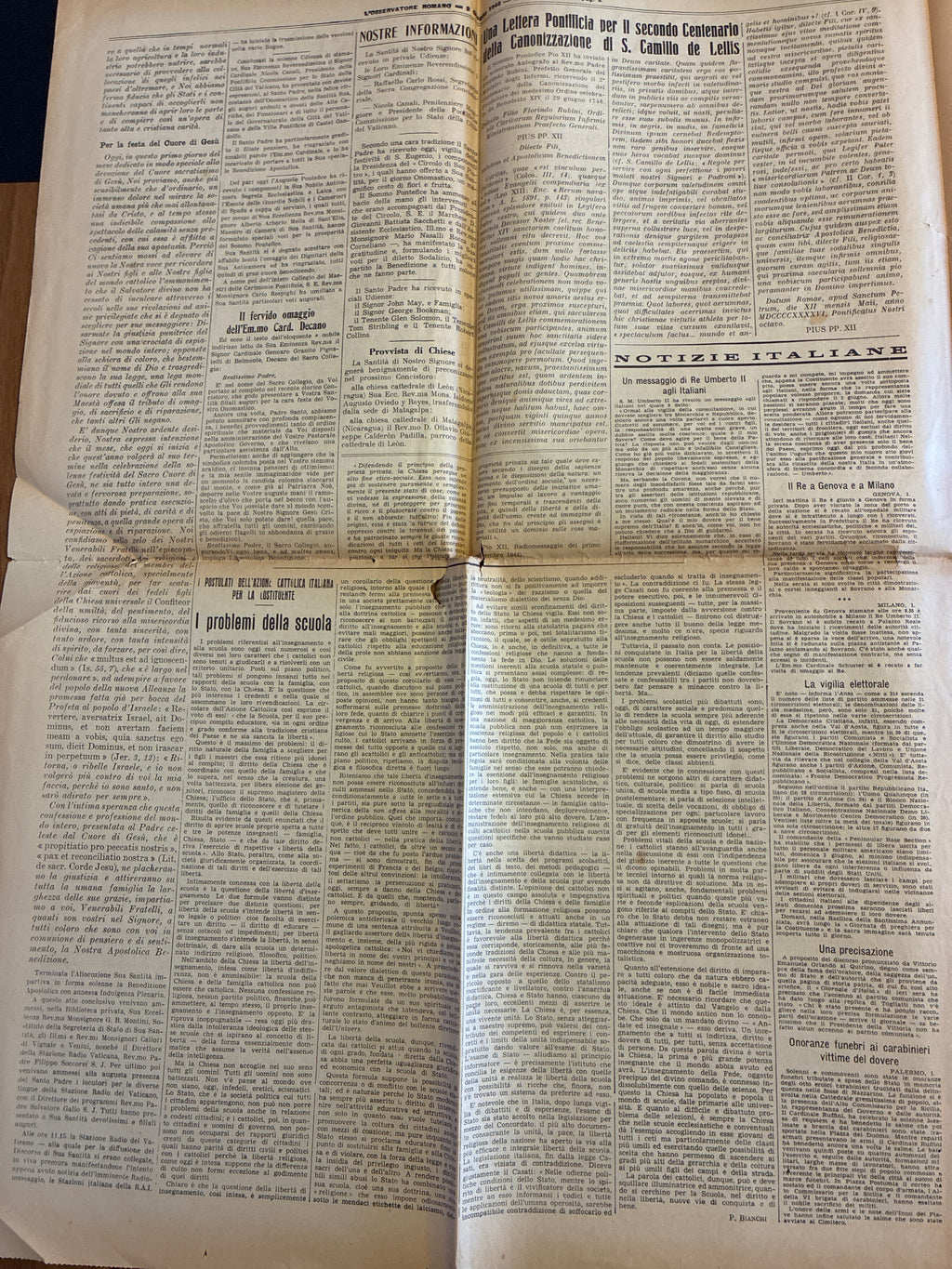 GIORNALE ORIGINALE 2 Giugno 1946 LOsservatore Romano - REFERENDUM PAPA PIO XII