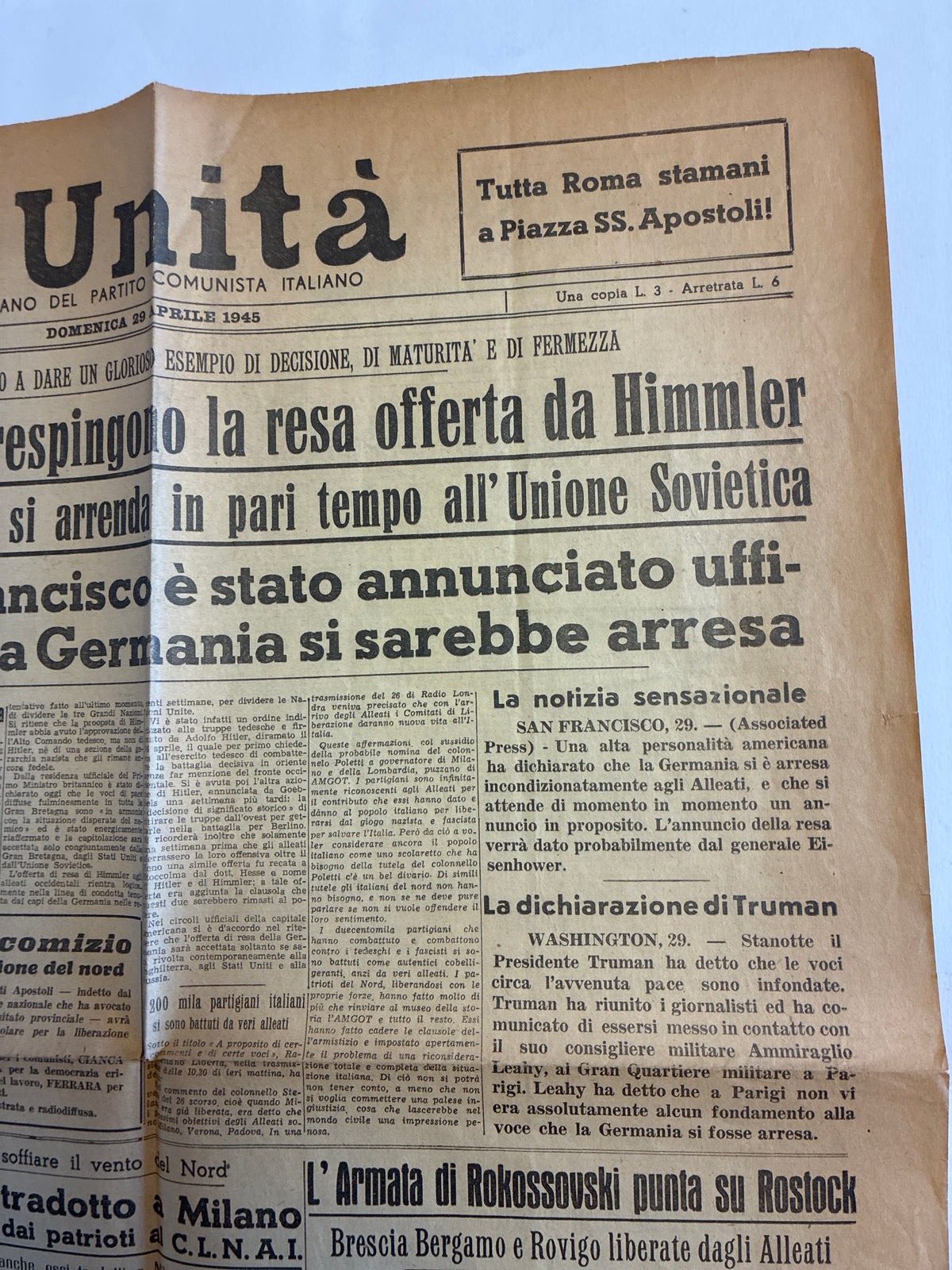 Raro Quotidiano Originale l'Unità 29 Aprile 1945 - Prima Edizione Mattino Roma - Trattative di Resa e Arresto Mussolini