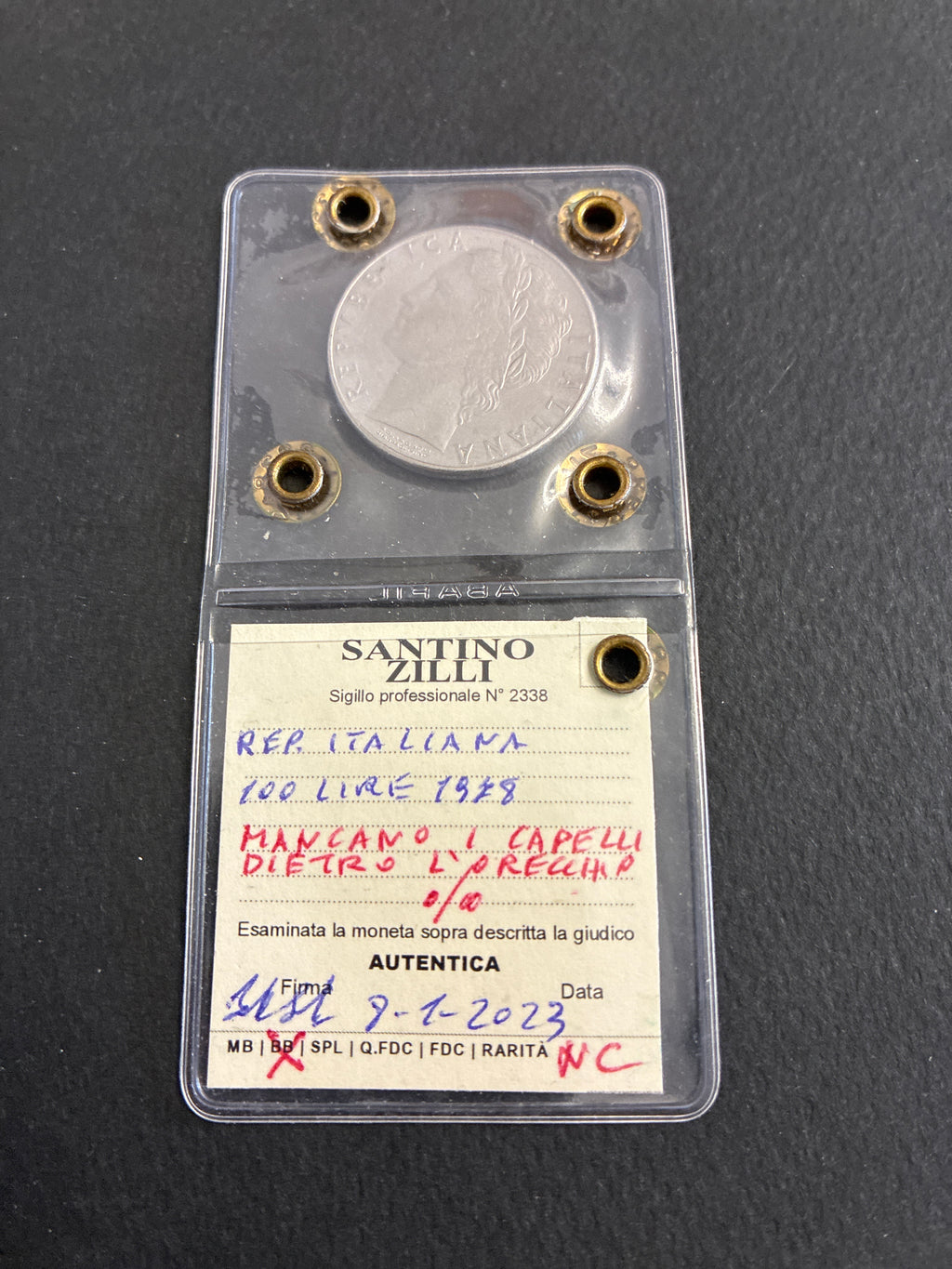 100 Lire 1978 Minerva con Orecchio Evanescente Mancano Capelli Periziata
