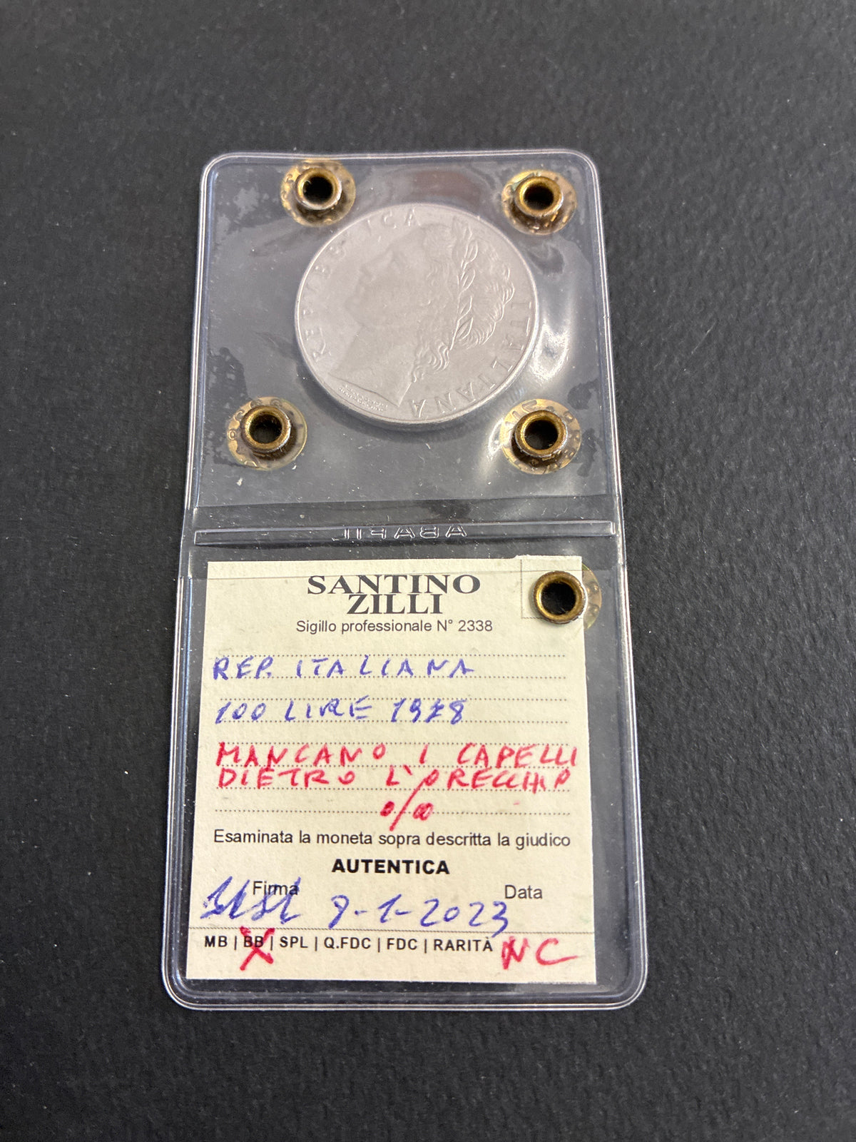 100 Lire 1978 Minerva con Orecchio Evanescente Mancano Capelli Periziata