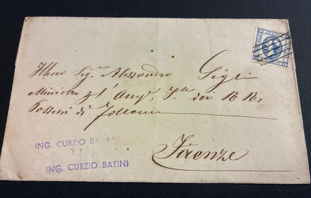 Lettera 1865 con 15 Centesimi Azzurro Primo Tipo "Matraire" in uso tardivo dall'Archivio e Collezione dell'Ing. Curzio Batini