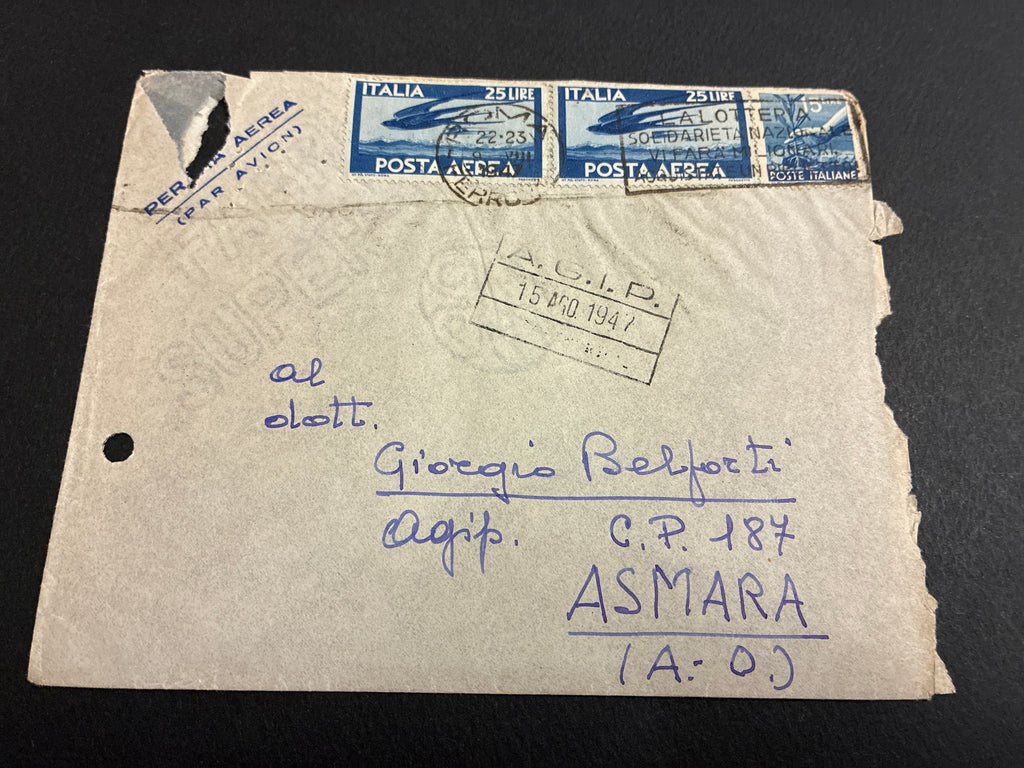 Busta intera per Posta Aerea del 1947 da Roma ad Asmara (Eritrea), affrancata con 65 Lire (coppia Rondini 25L. + Democratica 15L.), diretta al dirigente AGIP Giorgio Belforti nel periodo della presidenza di Enrico Mattei