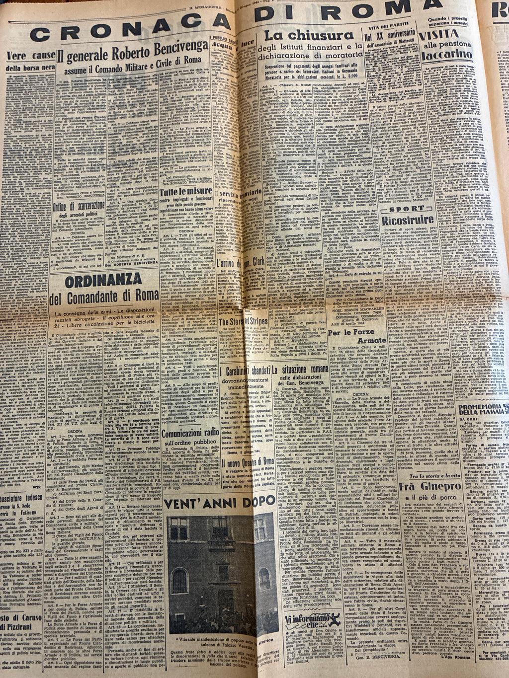Quotidiano Originale Epoca Il Messaggero 6 Giugno 1944 Giornate di esultanza per Roma Seconda Guerra Mondiale