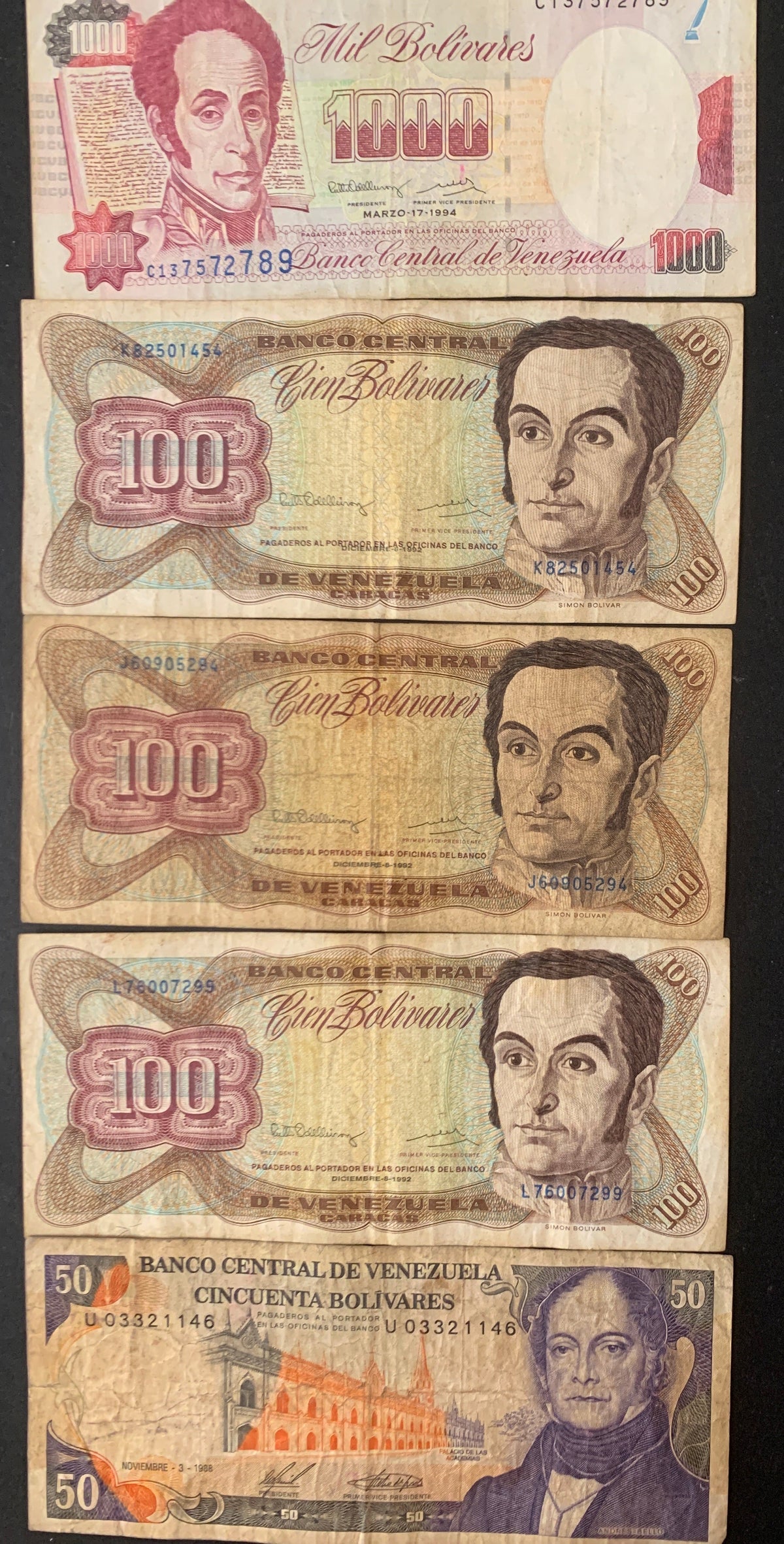 Lotto 5 Banconote Venezuela - 1000, 100 (x3) e 50 Bolívares (1988-1994) - Circolate