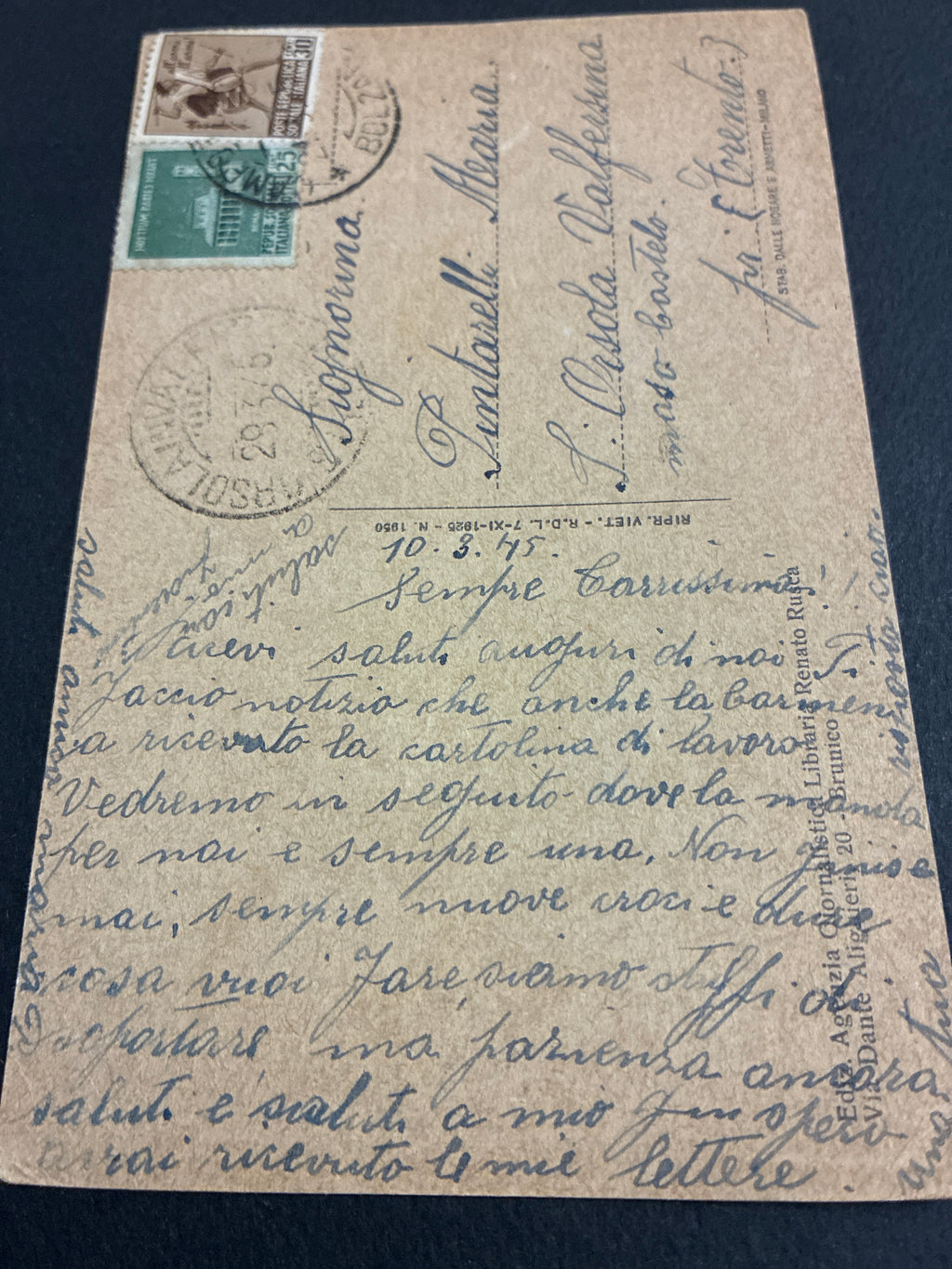 Tarda Repubblica Sociale Italiana cartolina illustrata Brunico viaggiata da Bolzano il 29 marzo 1945 affrancata con Monumenti Distrutti RSI 25 e 30 centesimi