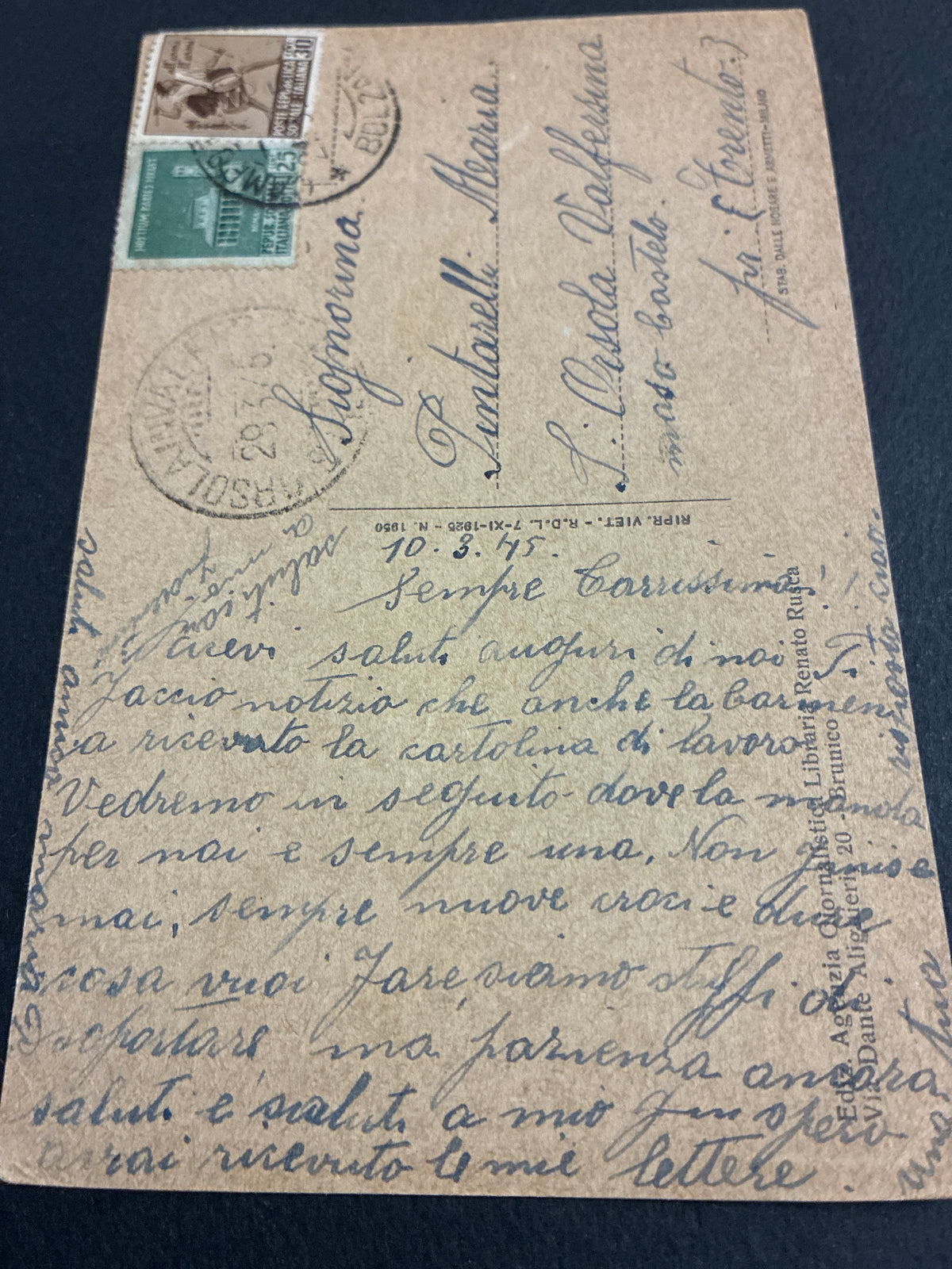Tarda Repubblica Sociale Italiana cartolina illustrata Brunico viaggiata da Bolzano il 29 marzo 1945 affrancata con Monumenti Distrutti RSI 25 e 30 centesimi