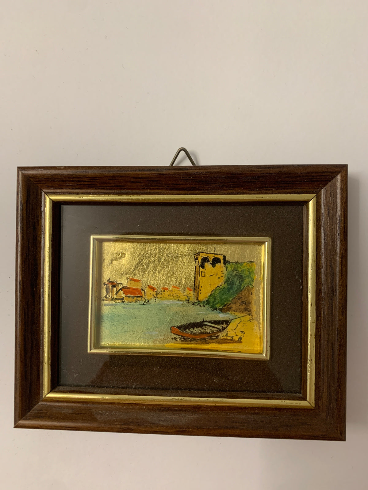 Quadretto Vintage Paesaggio Marinaro in Foglia d'Oro su Lamina d'Argento 925