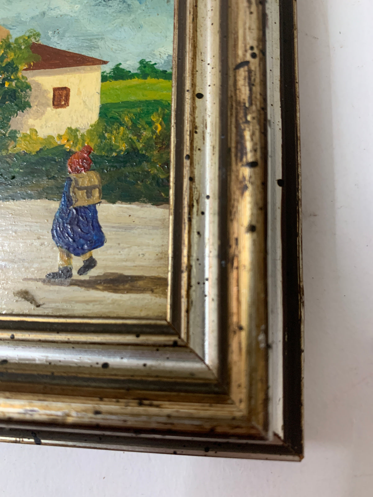 Quadro Olio su Tavola - Paesaggio Rurale con Casolare e Viandante - Firmato con Cornice Vintage
