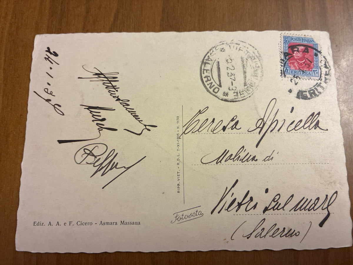 Rara cartolina d'epoca coloniale fotografica (tipo Fotoseta) dell'Eritrea, viaggiata nel 1937 con interessante documento di storia postale