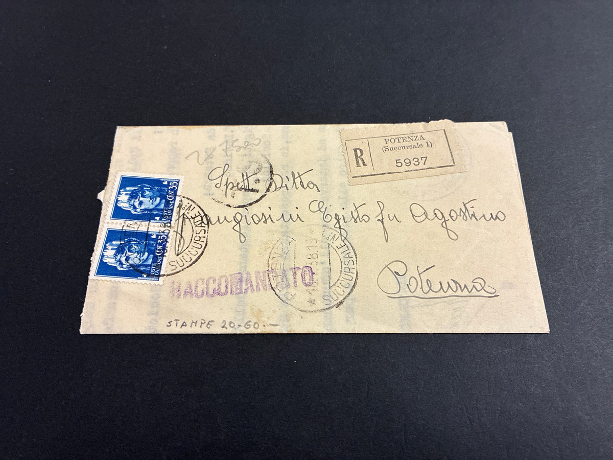 Foglio Ripiegato Raccomandata 1943 Potenza Atto Originale Tribunale Fallimenti Sigillo Fascista Coppia 35c Imperiale Storia Postale Basilicata