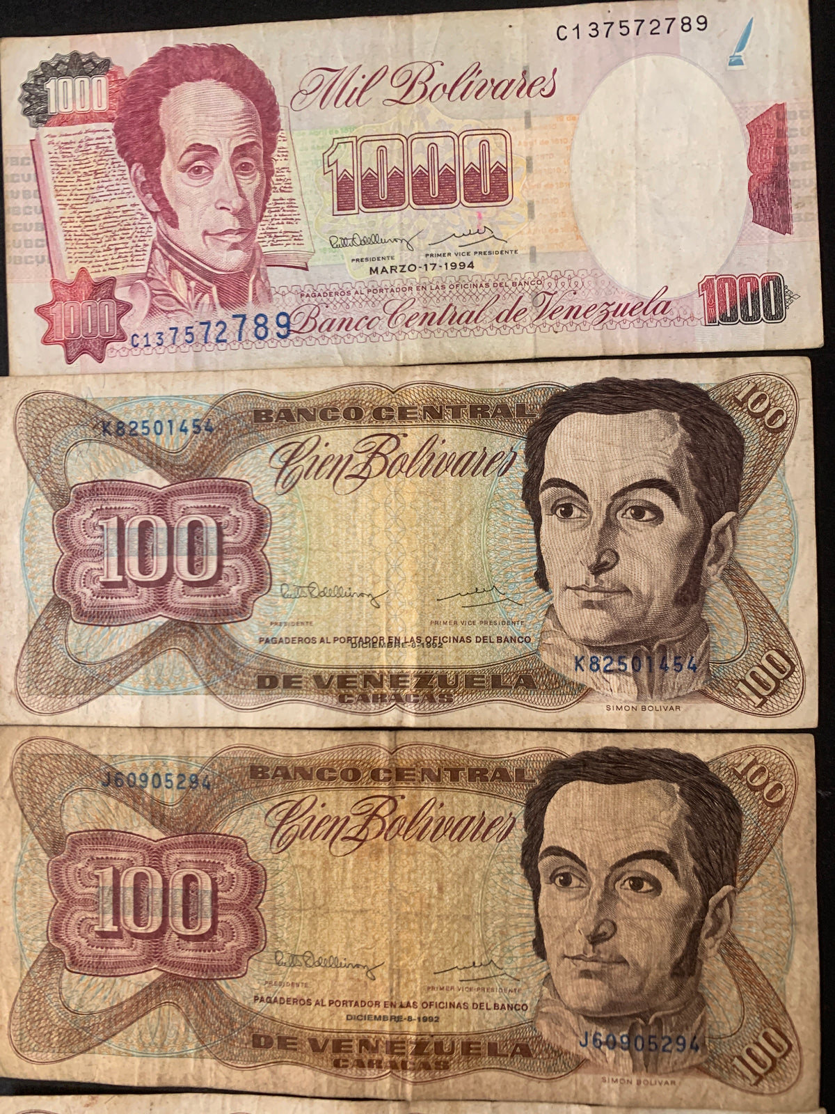 Lotto 5 Banconote Venezuela - 1000, 100 (x3) e 50 Bolívares (1988-1994) - Circolate