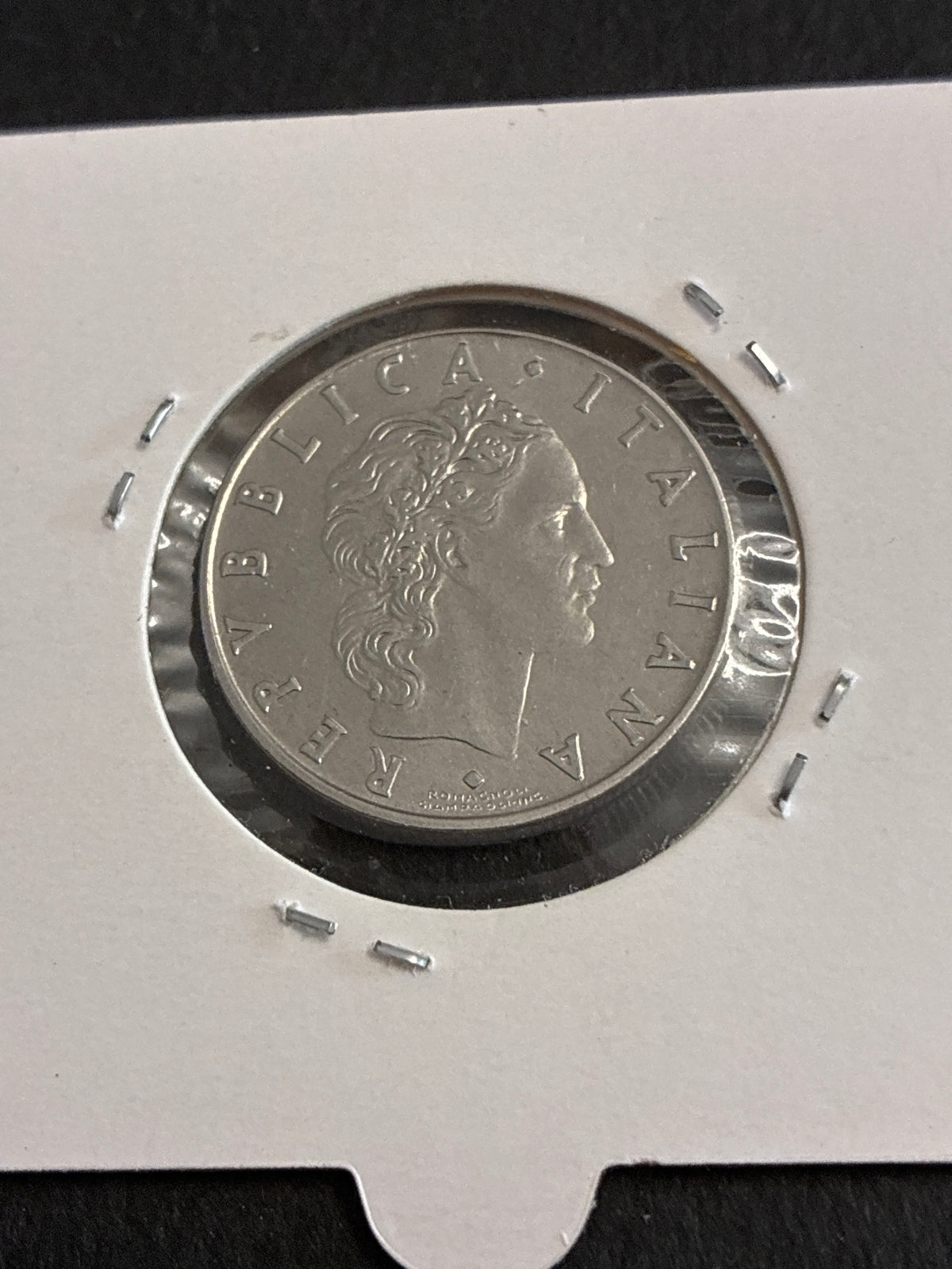 50 lire del 1974 Vulcano variante errore di conio con mancanza di metallo al rovescio