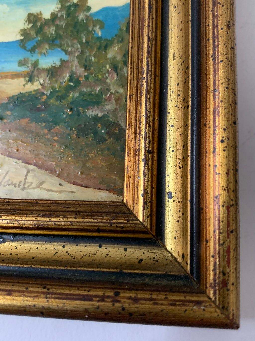 Dipinto Olio su Tavoletta - Paesaggio Costiero Mediterraneo con Donna e Asinello - Con Cornice Dorata