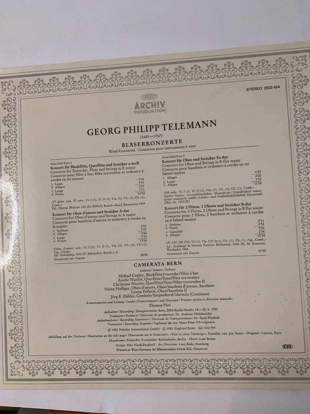 Vinile LP Georg Philipp Telemann – Bläserkonzerte (Archiv Produktion 2533 454) 1981
