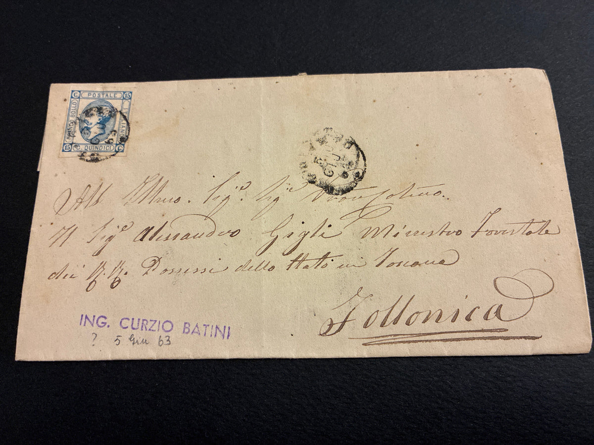 Lettera 1863 con 15 Centesimi Azzurro Primo Tipo "Matraire" in periodo d'uso ordinario dall'Archivio e Collezione dell'Ing. Curzio Batini