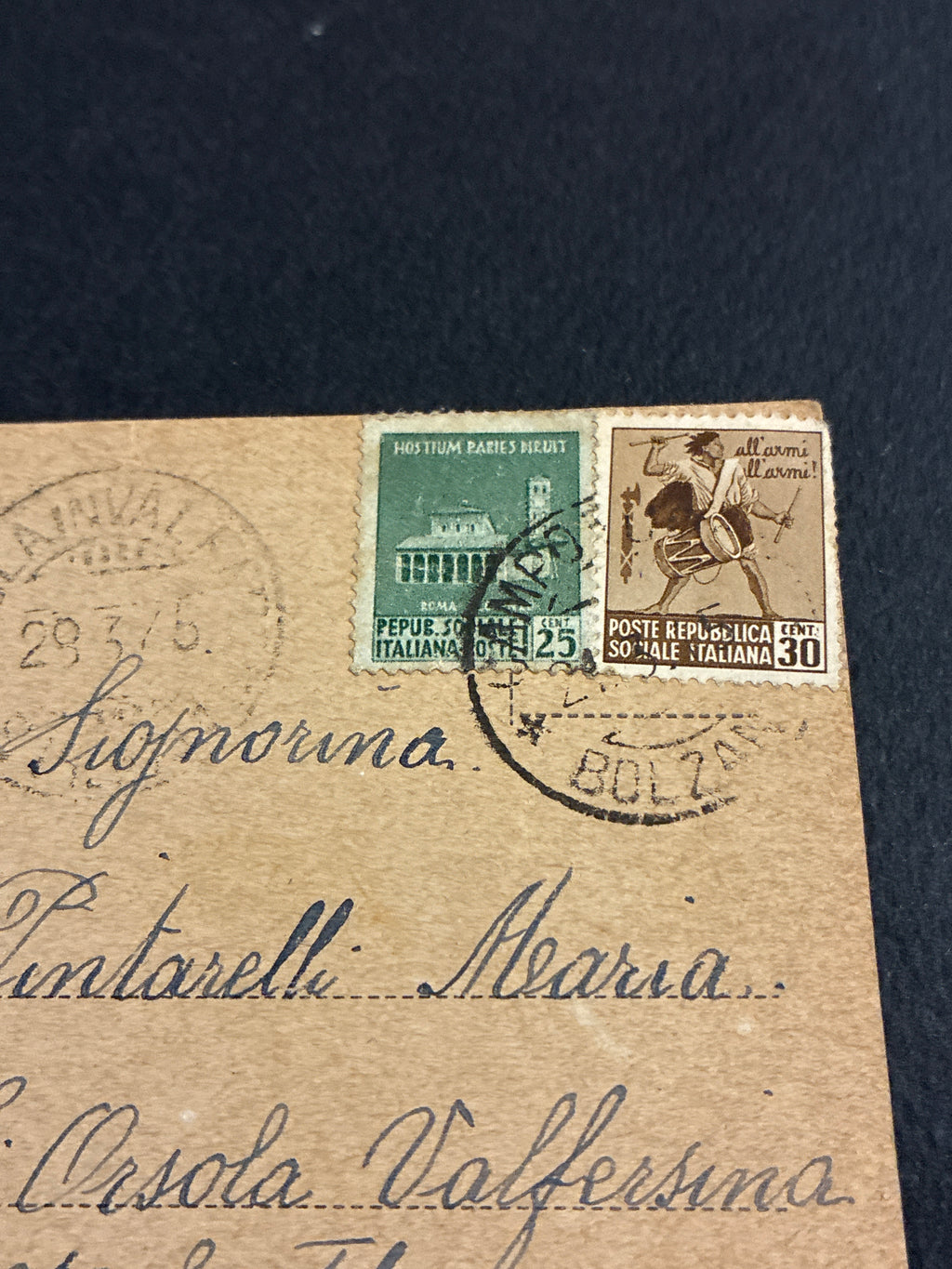 Tarda Repubblica Sociale Italiana cartolina illustrata Brunico viaggiata da Bolzano il 29 marzo 1945 affrancata con Monumenti Distrutti RSI 25 e 30 centesimi